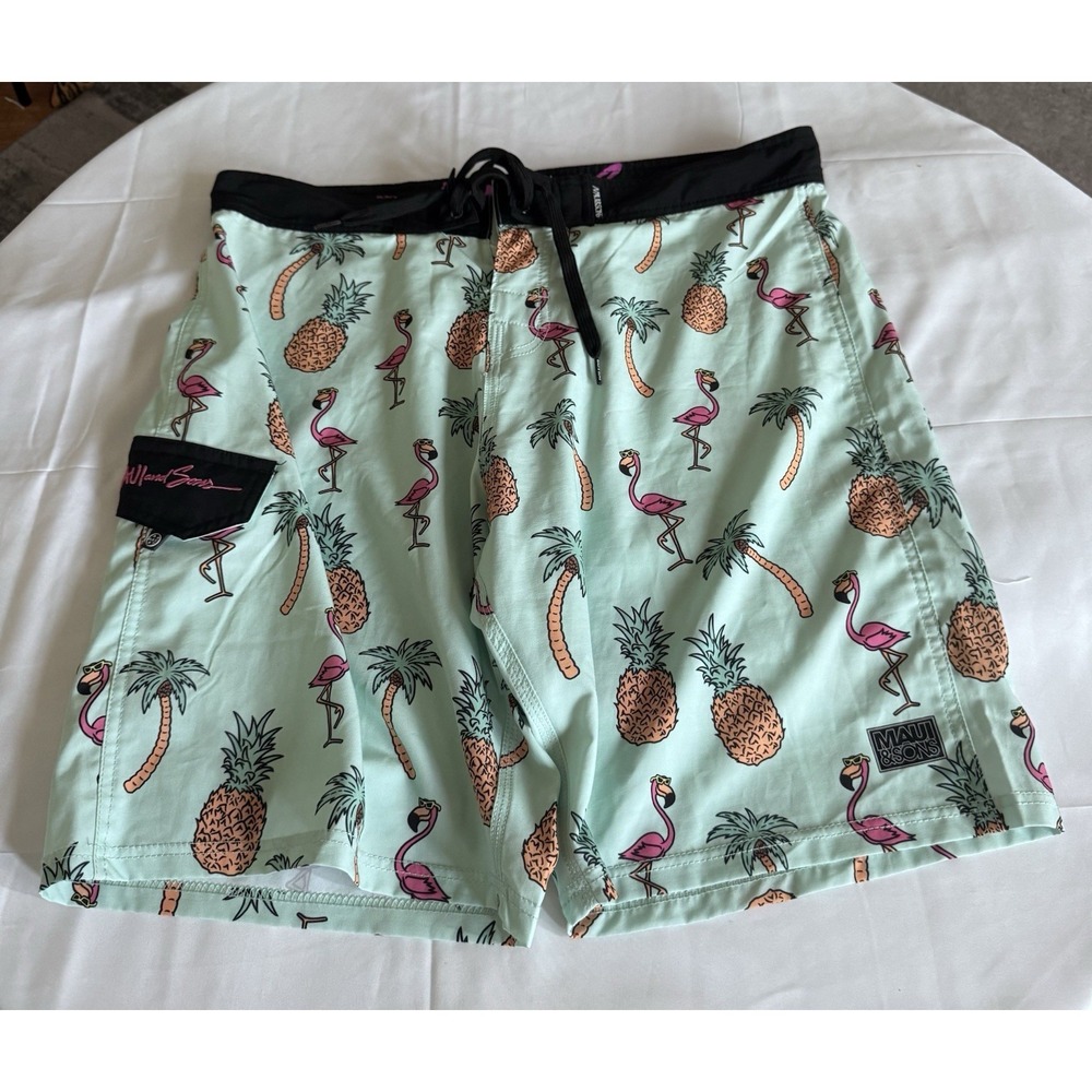 NWOT Maui Sons Black Shark Board Shorts 34 Swim Surf Board 4 WAY STRETCH